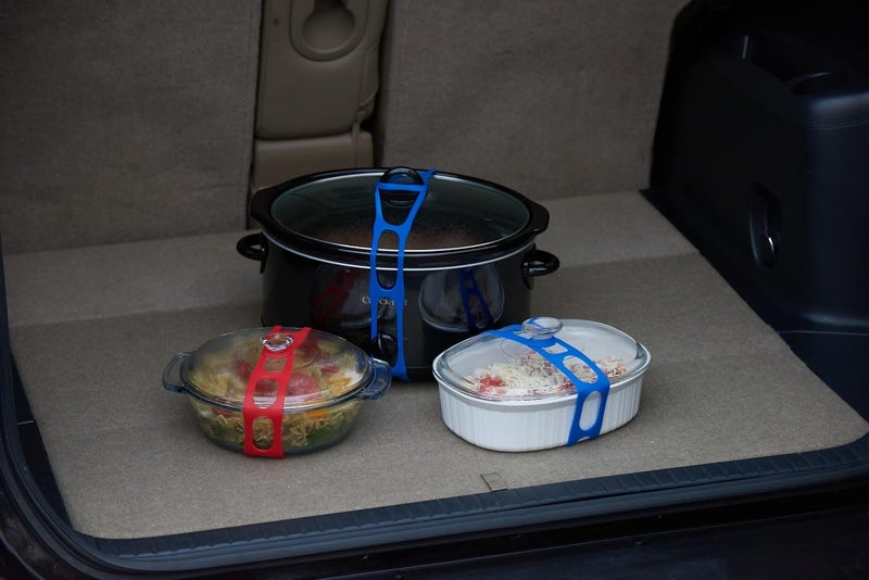 mella Lid Latch the reusable universal lid securing strap for crockpots, casserole dishes, pots, pans and more. Make it easy to transport your favorite dishes with one simple strap. (Polybag XL Ocean/Red) - Image 2